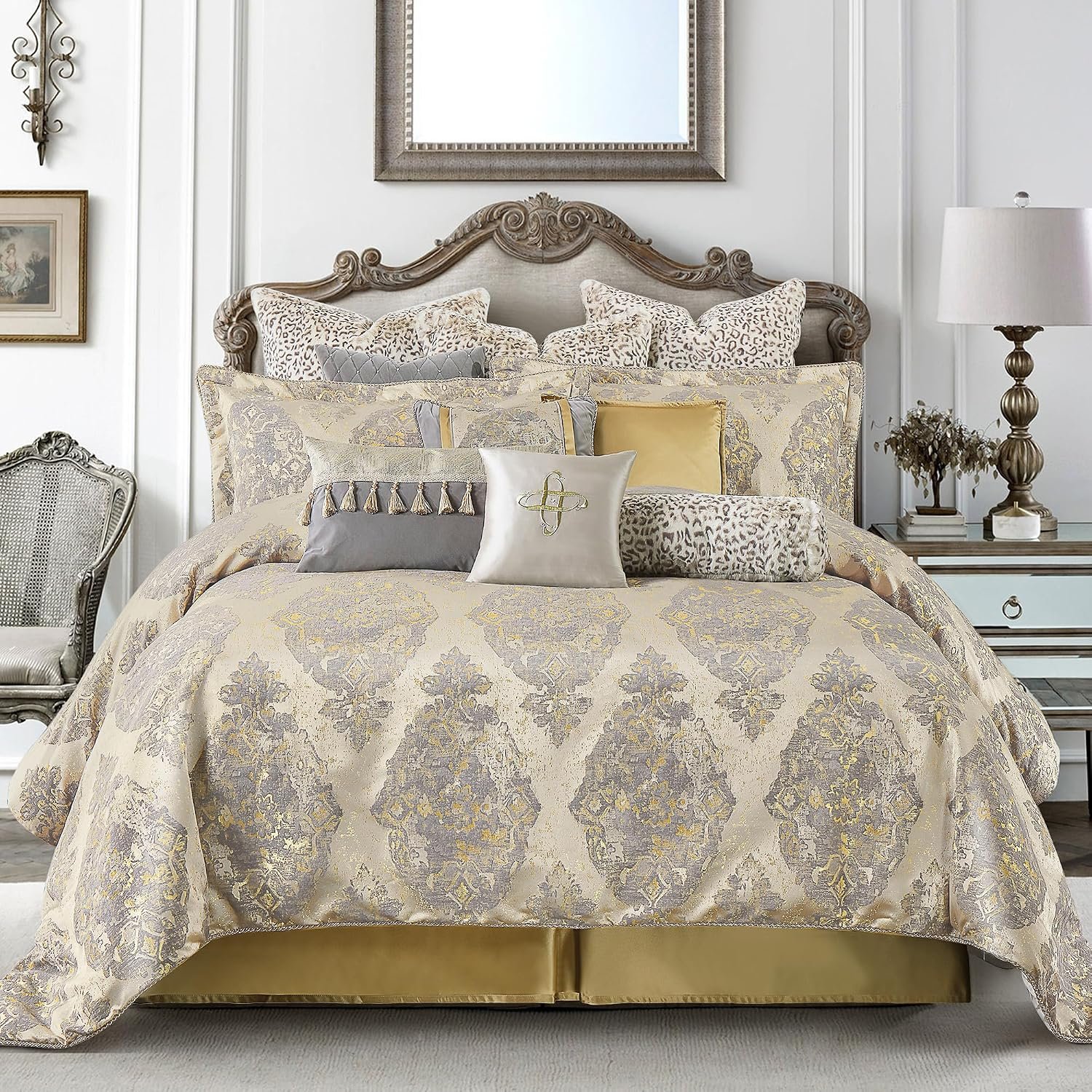 Loom and Mill Elegant Queen Comforter Set 9-Piece, Luxury Damask Jacquard Bedding Sets, All Season Comforter with Euro Shams, Bedskirt, Filled Decorative Pillows(Beige, Queen)