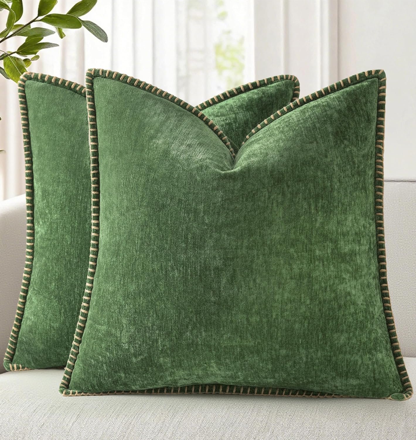 decorUhome Fall Chenille Soft Cozy Throw Pillow Covers 18×18 Set of 2, Modern Farmhouse Boho Velvet Decorative Pillow Cases with Stitched Edge for Couch Sofa Bed Home Decor, Forest Green