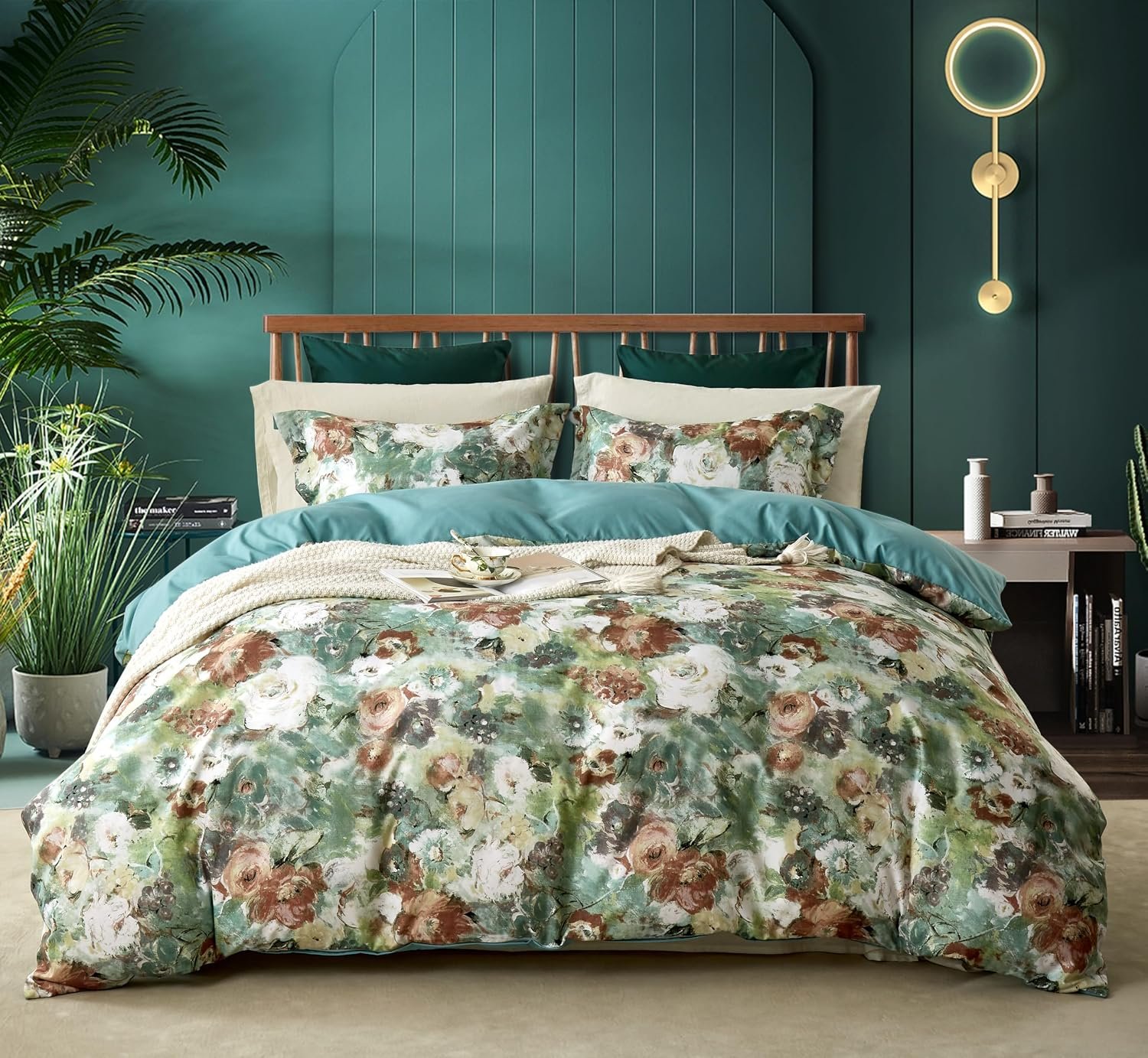 Vintage Bohemian Twin Duvet Cover Set, Watercolor Floral Bedding Set with Zipper Closure & Corner Ties, Luxury Soft Microfiber Teal Brown Floral Duvet Cover for Bedroom Decor