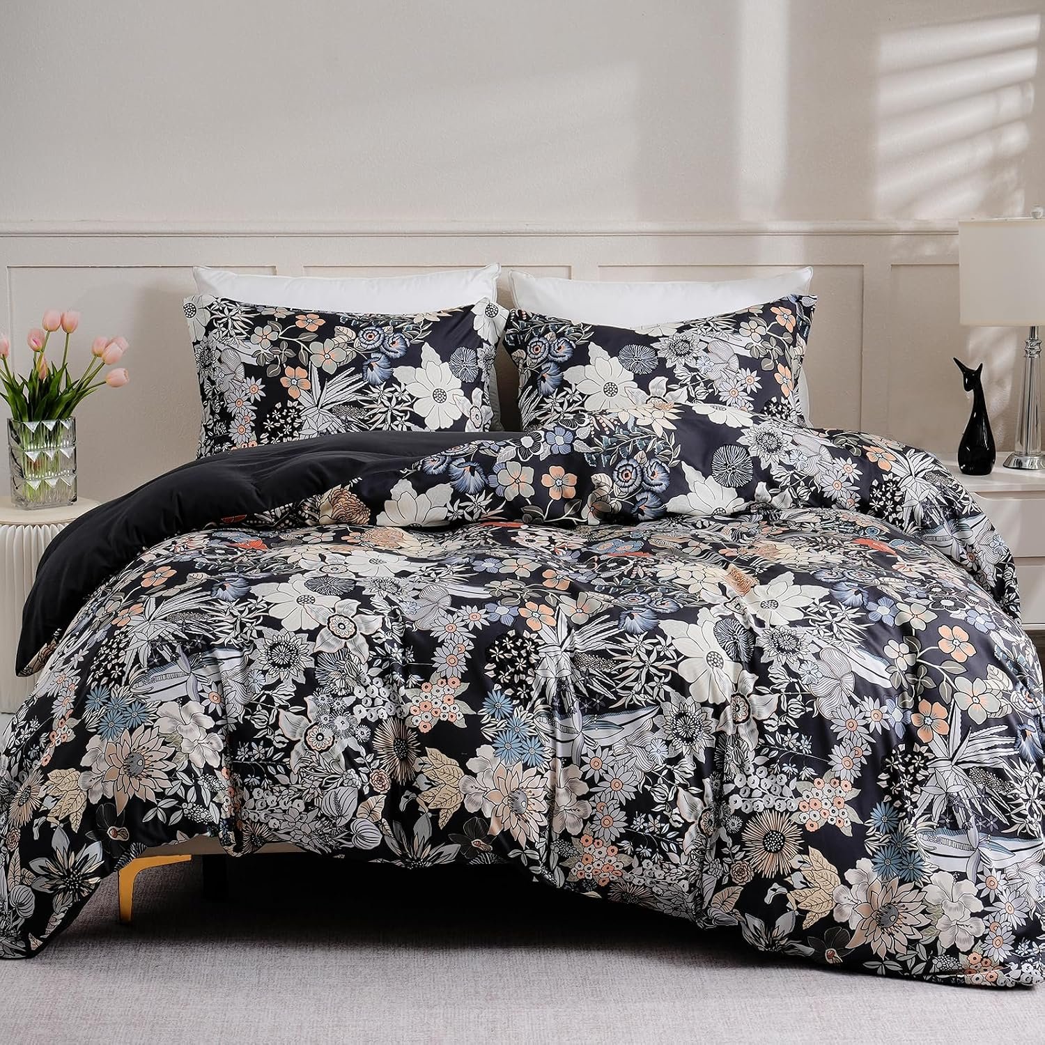 LONAVA Queen Flower 3 Pcs Duvet Cover Set, Breathable Soft Microfiber Black Lining Comforter Cover with Zipper Closure, and 2 Anti-Pilling, Fade Resistant Pillowcases, Midnight Blossoms