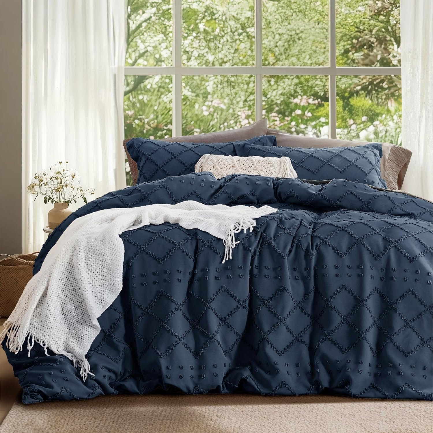 Bedsure Boho Duvet Cover King Size – Navy Breathable & Soft Boho Bedding, Machine Washable Comforter Cover for All Seasons, Includes 1 Duvet Cover 104″x90″ with 2 Pillow Shams & Zipper Closure
