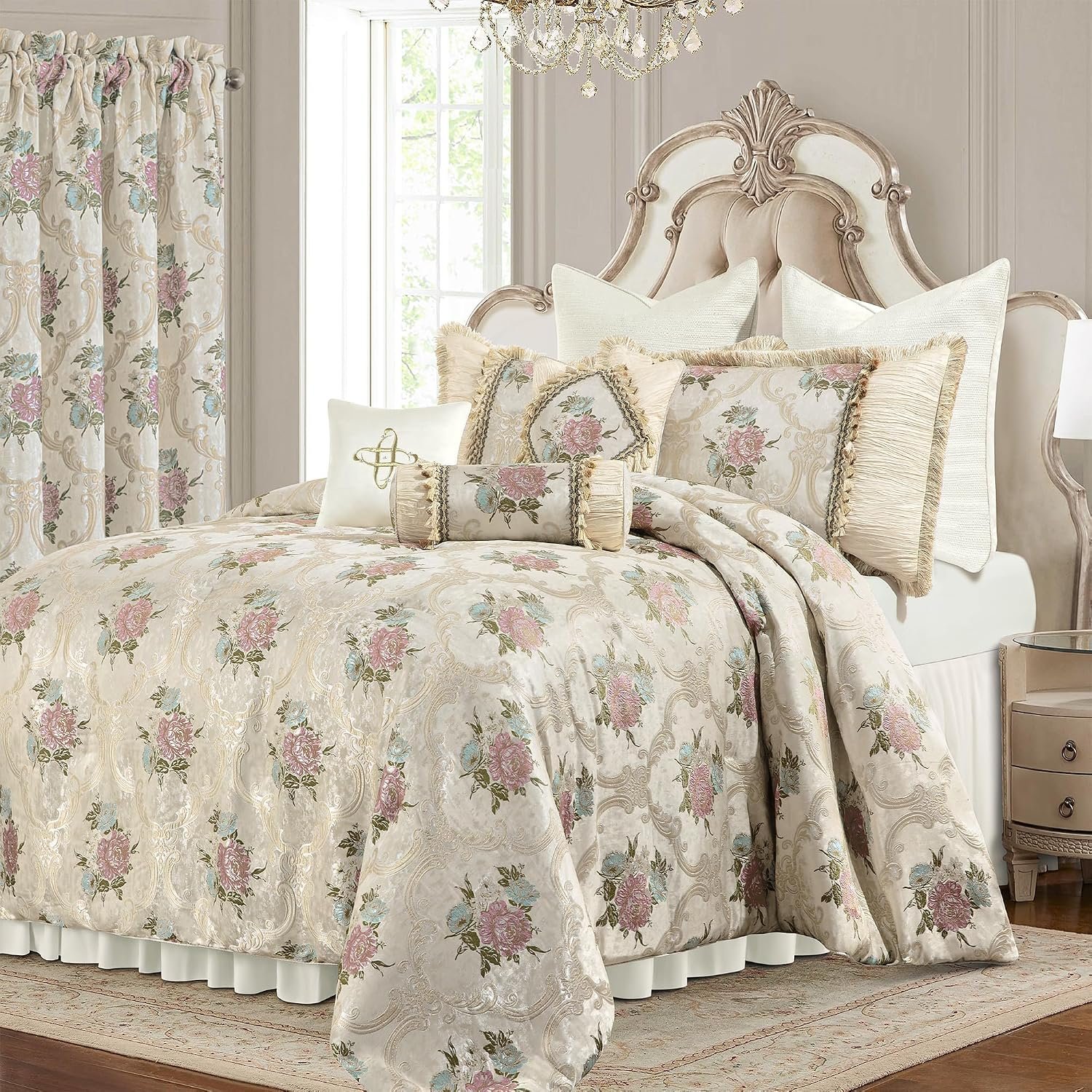 Loom and Mill 9-Piece Luxury European Floral Comforter Sets, Romantic French-Style Jacquard Bedding Set King Size with Euro Shams, Bedskirt, Filled Decorative Pillow for Home(Pearly Beige,King)