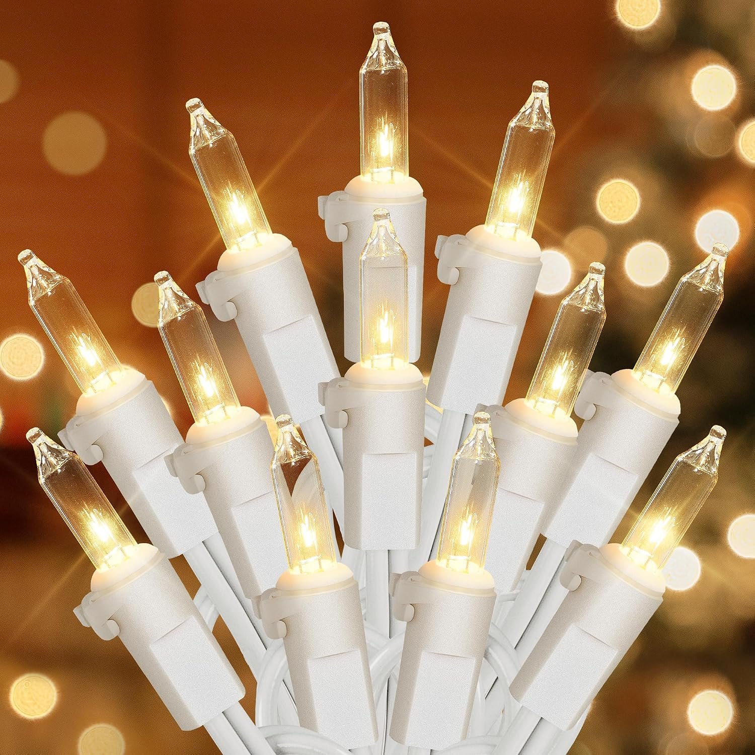 Hopolon Clear Christmas Lights Set,2Pack 50Count 13Feet Incandescent Bulb Mini String Lights with White Wire for Indoor Christmas Tree Garland Birthday Wedding Party Festival Decoration,Warm White | Incandescent Bulb Mini String Lights for Indoor Christmas Tree Garland Birthday Wedding Party Festival Decoration,Warm White