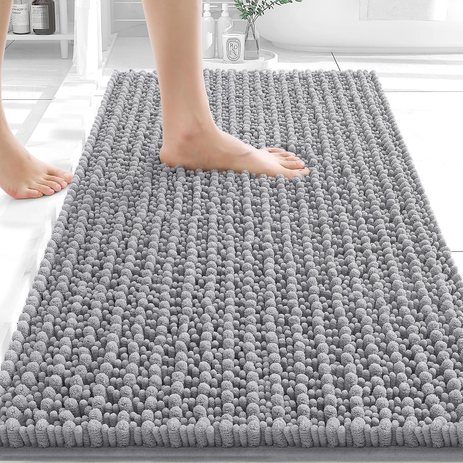 OLANLY Bathroom Rug Mat 30×20, Thick Soft and Absorbent Chenille Bath Mat, Non-Slip Rubber Backing, Machine Washable Quick Dry Bath Rugs for Tub Shower Floor, Home Decor Accessories, Grey