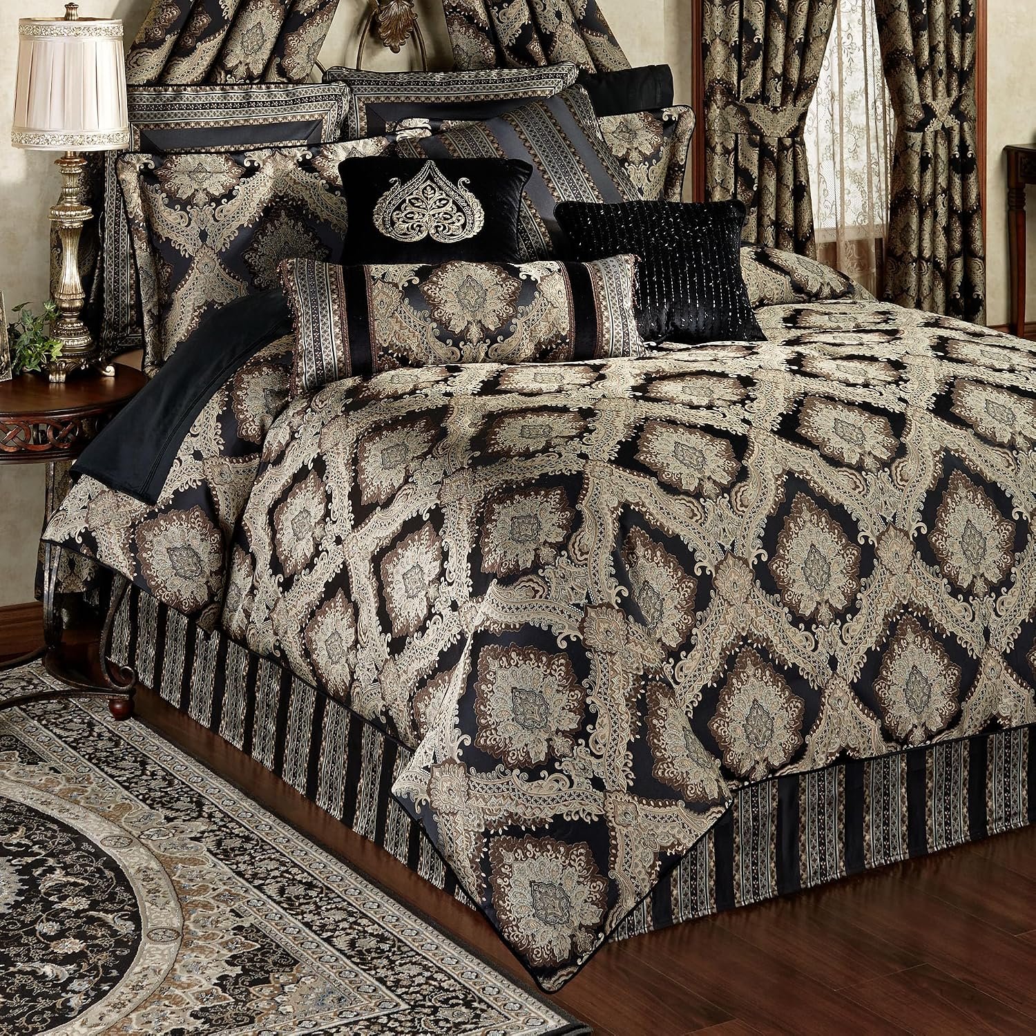 Fenmore Damask Medallion Oversized Luxury Bedding | Rich Black Taupe Silver Gray Wheat Almond | 4 Piece Comforter Set: Queen Comforter, 2 Standard Shams, and Bedskirt | Sophisticated Elegant Royal