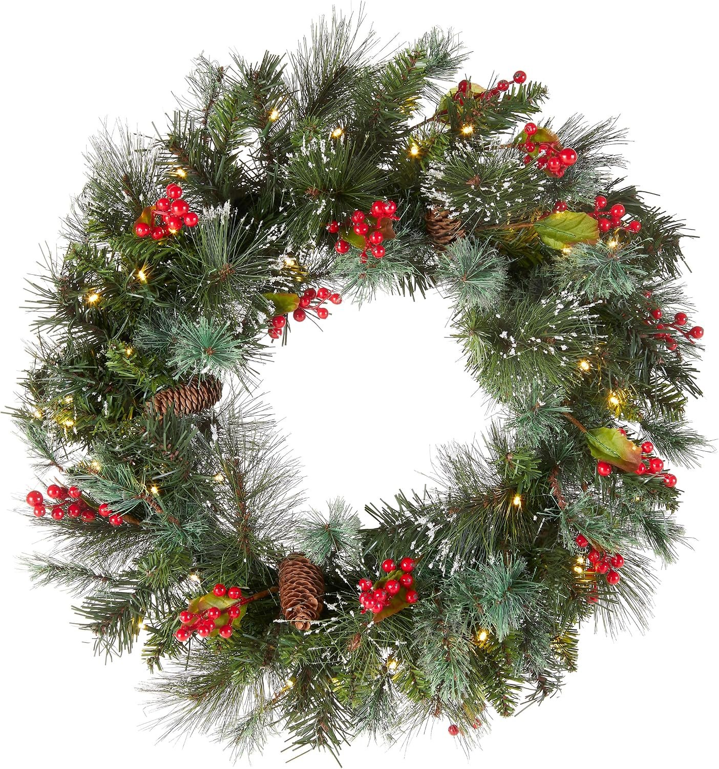 National Tree Company 24 in Pre-Lit Wintry Pine Flocked Artificial Christmas Wreath, Christmas Decoration with Pinecones, Red Berries, 50 Clear LED Lights, 113 Tips, Timer, Green