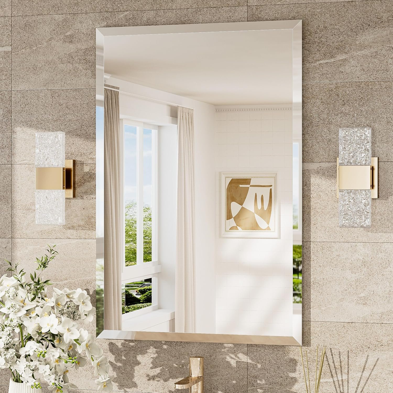 TokeShimi 24×36 Beveled Wall Mirror Decorative, Bathroom Vanity Mirrored with 1″ Beveled Edge, Shatterproof Modern Frameless Mirror Bathroom Rectangle for Living Room, Entryway, Restroom